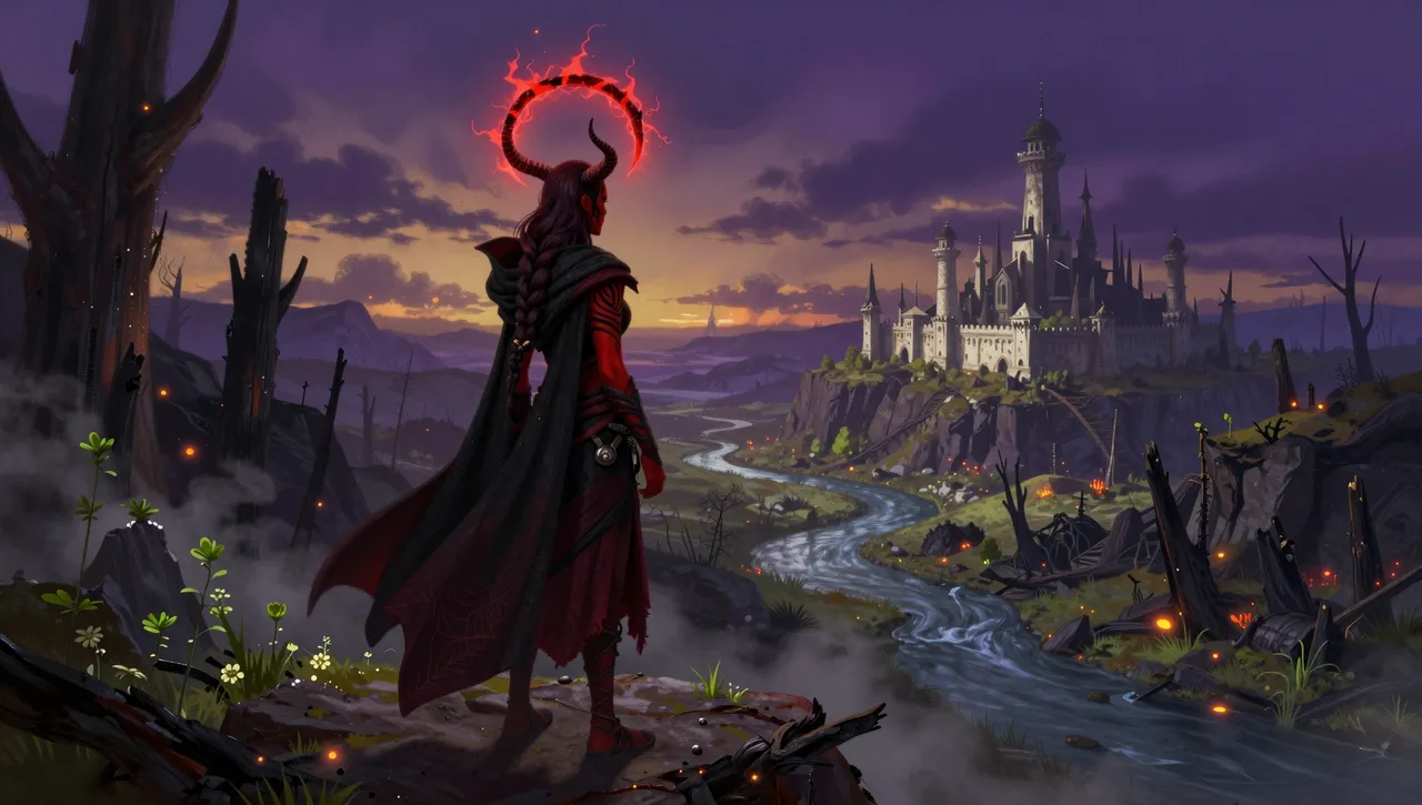 Ashencrown key art: a horned witch looks out over a burned valley at a white city