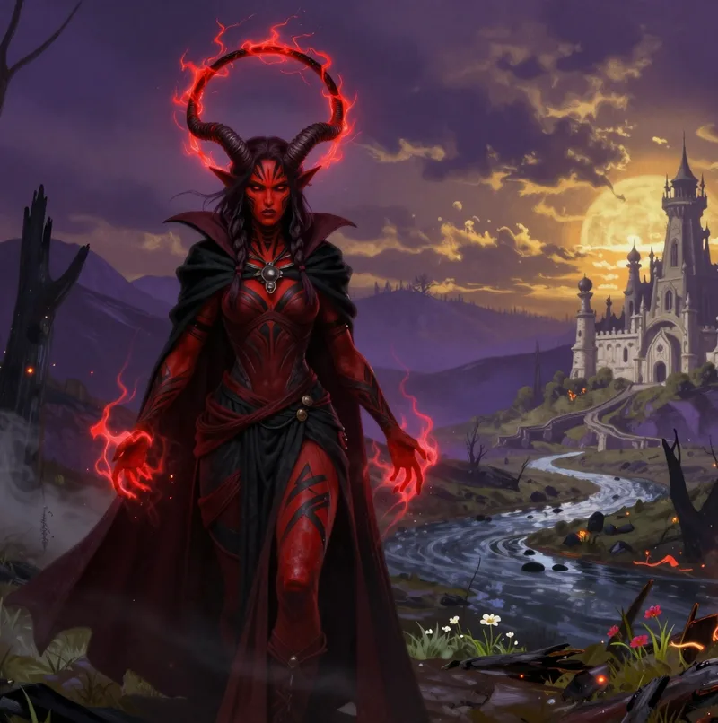 Ashencrown key art: the horned witch with red energy in her hands